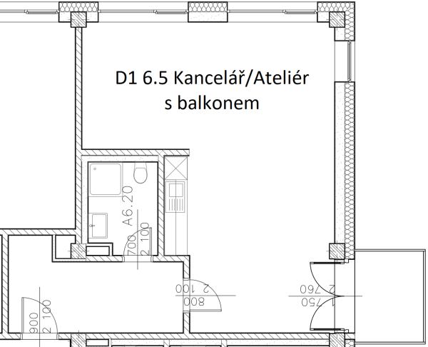 D1 6.5 Kancelář / Ateliér s balkonem 63 m2 - Půdorys základní - SVATOPETRSKA Brno
