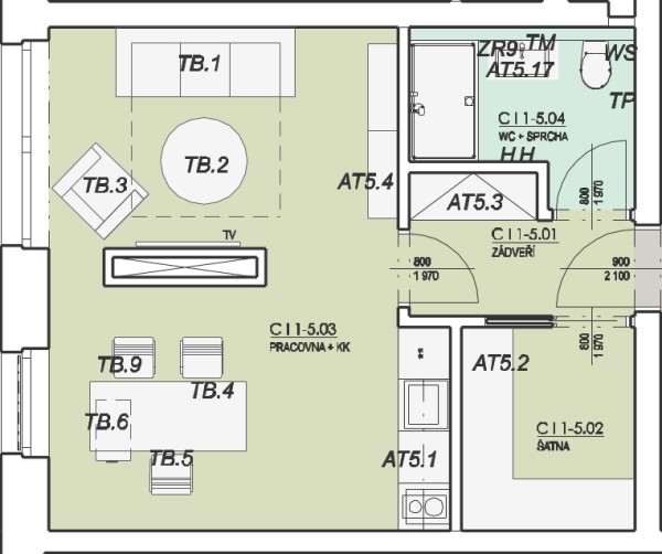 C I 5.1 Kancelář / Ateliér 36 m2 - Půdorys s nábytkem - SVATOPETRSKA Brno